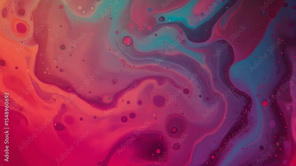 Poster swirling fluid abstract in magenta orange and turquoise with marbleized texture and dynamic color co