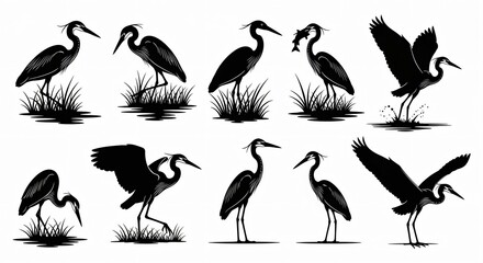Obraz premium Collection of black and white heron silhouettes in various poses on a white background isolated design