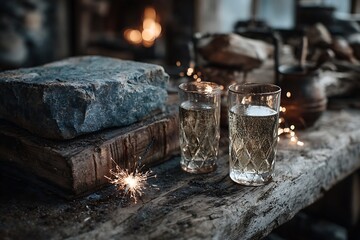 Sparkling drinks on a rustic wooden surface with stones and books.