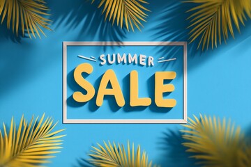 Obraz premium Summer sale text with yellow shadow leaves, Tropical palm design with blue background, Seasonal promotion or ad concept