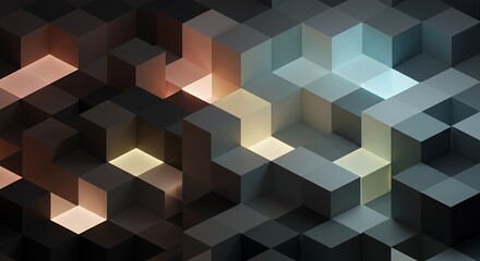 Illuminated 3D Cube Mosaic: Abstract Geometric Pattern with Warm and Cool Light Sources