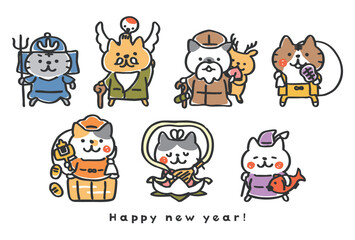 七福神の格好をした猫の年賀状テンプレート＿七福猫③カラフル