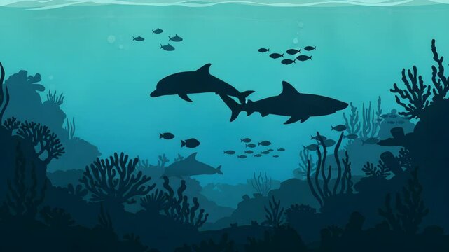 Underwater Scene in Teal Tones Featuring Silhouettes of Sharks Dolphins Fish Coral Reefs and Seaweed