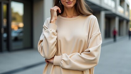 Fototapeta premium Cream-Colored Crewneck Sweatshirt Effortless Style for Women