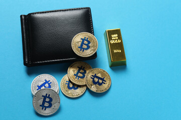 Bitcoin on a blue background, gold coin, cryptocurrency. Iron