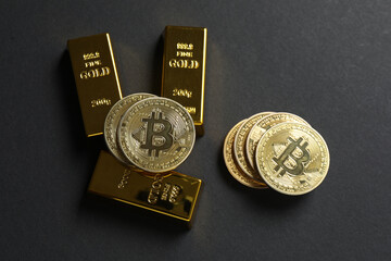 Bitcoin on a black background. gold coin cryptocurrency. Iron