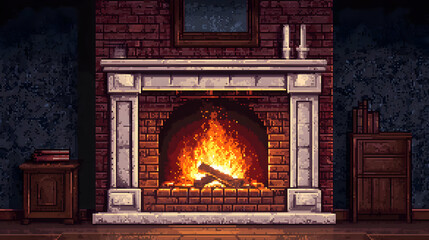 Cozy pixel art fireplace scene.  Warm fire in a brick fireplace with white mantelpiece, books, candles and dark room