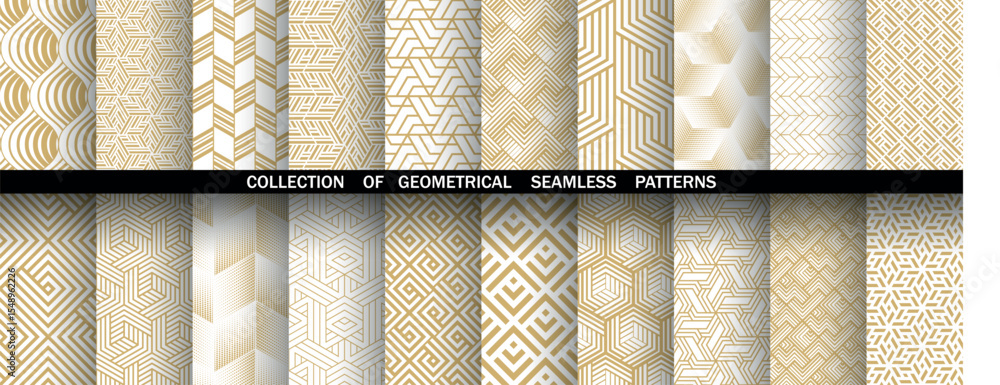 Poster Geometric set of seamless golden and white patterns. Simple vector graphics