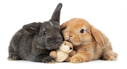 Fototapeta premium Adorable bunnies cuddle soft toy against white background bright studio lighting. AI Generated