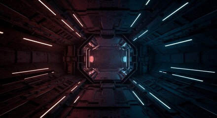 A futuristic corridor with red and blue neon lights illuminating the metallic structure inside the tunnel