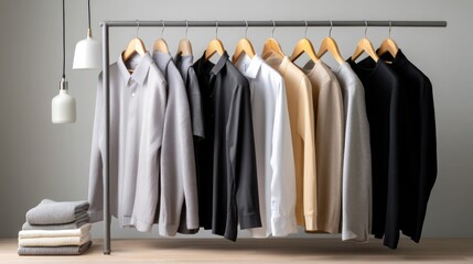 clean minimal rack with curated professional outfits, soft studio lighting for editorial presentation