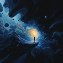 Solitary figure contemplating cosmic landscape