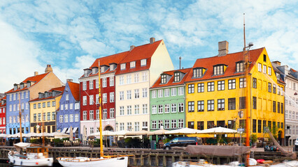 Copenhagen Nyhavn, New port of Copenhagen, sunset in Denmark