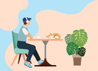 Flat design vector illustration of a young man relaxing at a coffee table with a steaming cup of coffee, accompanied by a sleeping orange cat and a large potted plant. The soft pastel background 