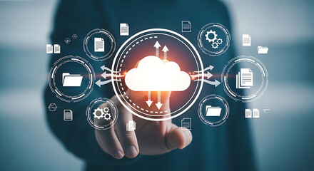 Cloud Computing Technology Concept with Person Touching Cloud Icon for Data Storage and Transfer Solutions