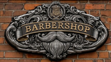 Ornate barbershop sign with intricate detailing and classic design mounted on a brick wall