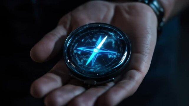 A glowing digital compass spins gently in a person s hands