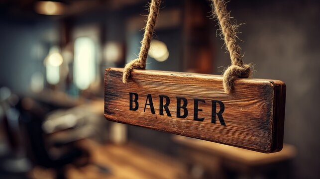 Wooden barber sign hanging with rope in a rustic barbershop setting - Powered by Adobe
