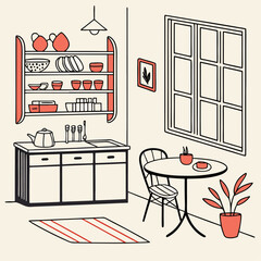 Minimalist Kitchen Vector Illustration – Warm Space with Open Shelves and Dining Table
