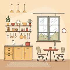 Warm Kitchen Scene Vector – Minimalist Style with Open Shelves and Small Dining Table