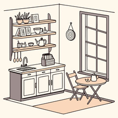 Contemporary Kitchen Interior Vector – Clean Design with Hanging Lights and Kitchenware