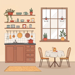 Flat Kitchen Interior Design – Cozy Kitchen with Utensils and Window Dining Area