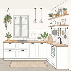 Cozy Kitchen Vector – Flat Design with Kitchen Utensils and Dining Space by Window