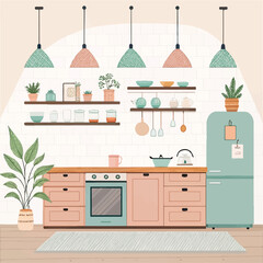 Contemporary Kitchen Interior Vector – Clean Design with Hanging Lights and Kitchenware