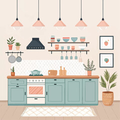 Flat Kitchen Scene Vector – Minimalist Cozy Design with Shelves and Pendant Lighting