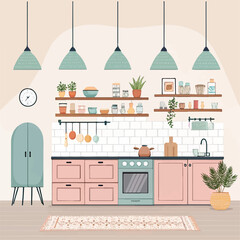 Pastel Kitchen Interior Vector – Modern Style with Shelves and Kitchen Accessories