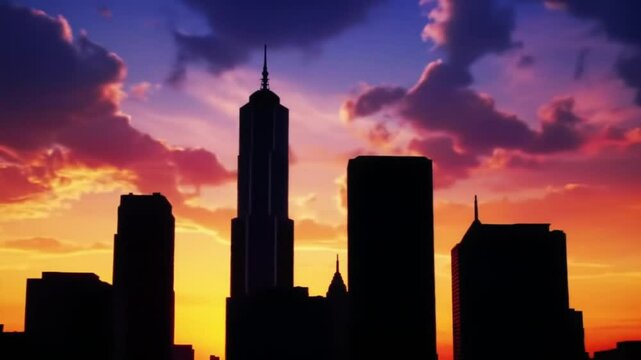 Silhouetted city buildings under a vibrant and colorful sunset sky, capturing the beauty of urban dusk.