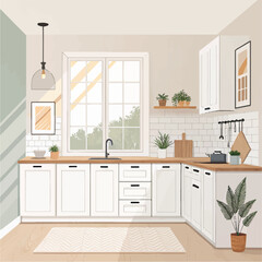 Minimalist Kitchen Vector Illustration – Bright Window, White Cabinets, Wooden Accents