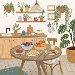Cozy Kitchen Nook Illustration – Flat Vector Design with Modern Interior Elements