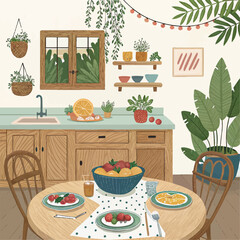 Flat Design Kitchen Interior – Cozy Nook with Chairs, Pendant Lights and Storage Shelves