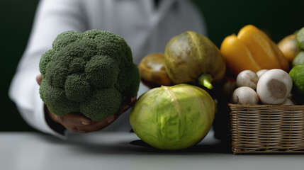 Healthy Eating Habits: A close-up shot showcasing a person's hands holding a vibrant head of broccoli and a fresh cabbage, with a basket of assorted vegetables in the background.