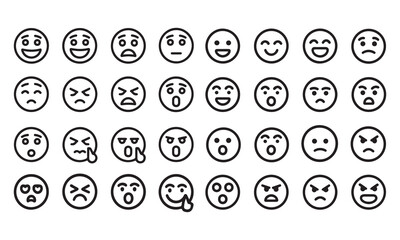 Emoticon outline silhouette icons set linear, expressions, emoji symbols line art black vector illustration