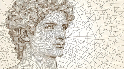 Detailed profile view of a man's head, sculpted with intricate line art, against a patterned backdrop.  The subject's features are classical, with flowing hair and a thoughtful expression