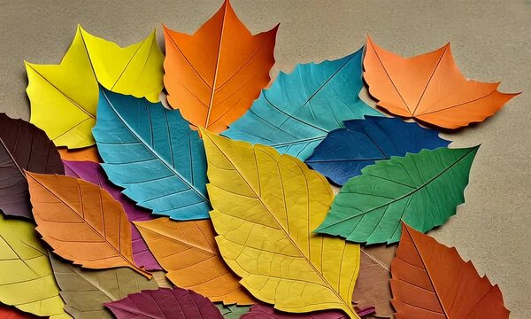 Colorful Paper Leaves Displayed On Brown Surface With Various Colors Including Yellow Orange Blue And Green