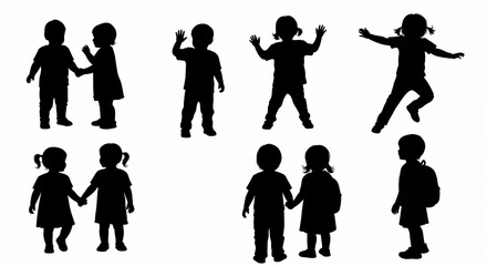 Obraz premium Silhouette illustration showcasing a group of children in various poses and interactions on white backdrop