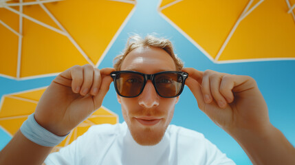 Young man enjoying summer vacation under yellow umbrellas, adjusting sunglasses with blue sky background. Bright sunny mood, beach vibe, relaxation and travel fun. POV concept, modern lifestyle.