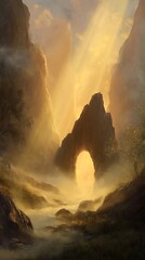 Fototapeta premium A golden archway emerges from a misty mountain valley.