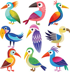 Collection of Nine Vibrant and Colorful Cartoon Birds Illustration unique bird illustrations with bright colors stylized designs perfect for children s books educational