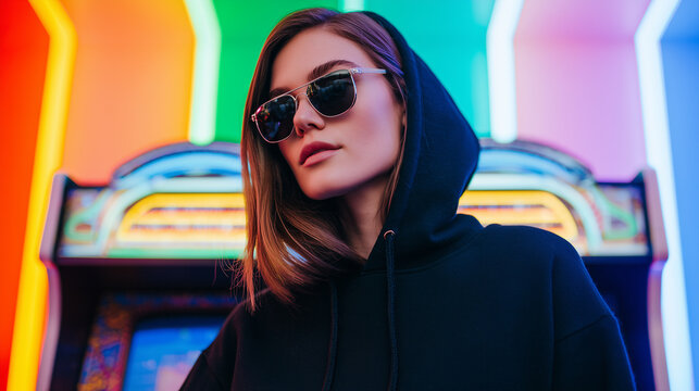 Stylish woman in black hoodie and sunglasses posing in front of retro arcade machine with neon lights. Urban fashion, retro vibe, gaming culture, youth style, night city aesthetics.