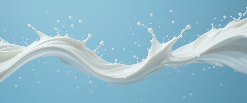 Dynamic splash of white milk liquid flowing and splashing in midair against blue background