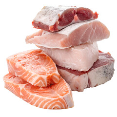 Pieces of raw meat or fish on a white background. Frozen pieces of meat stacked on top of each other