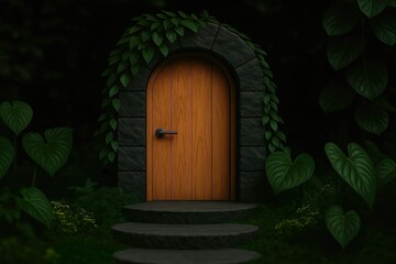 Enigmatic Wooden Doorway in Lush, Mysterious Forest Setting