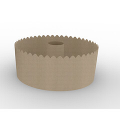 A round, scalloped brown paper baking mold with a central hole, used for baking or food...