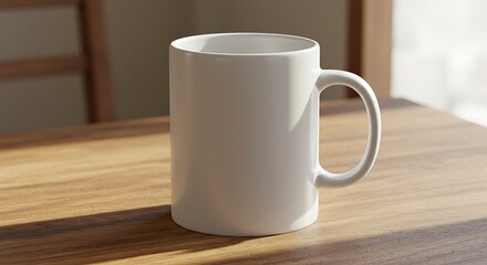 3D Render of a White Mug on Wooden Table in Sunlight