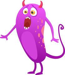 Funny surprised cartoon monster character with horns and tail screaming loudly, suitable for halloween designs or children book illustrations