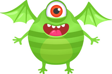 Funny green cartoon monster with one big red eye, bat wings and big smile with tongue out, isolated on white background is laughing out loud